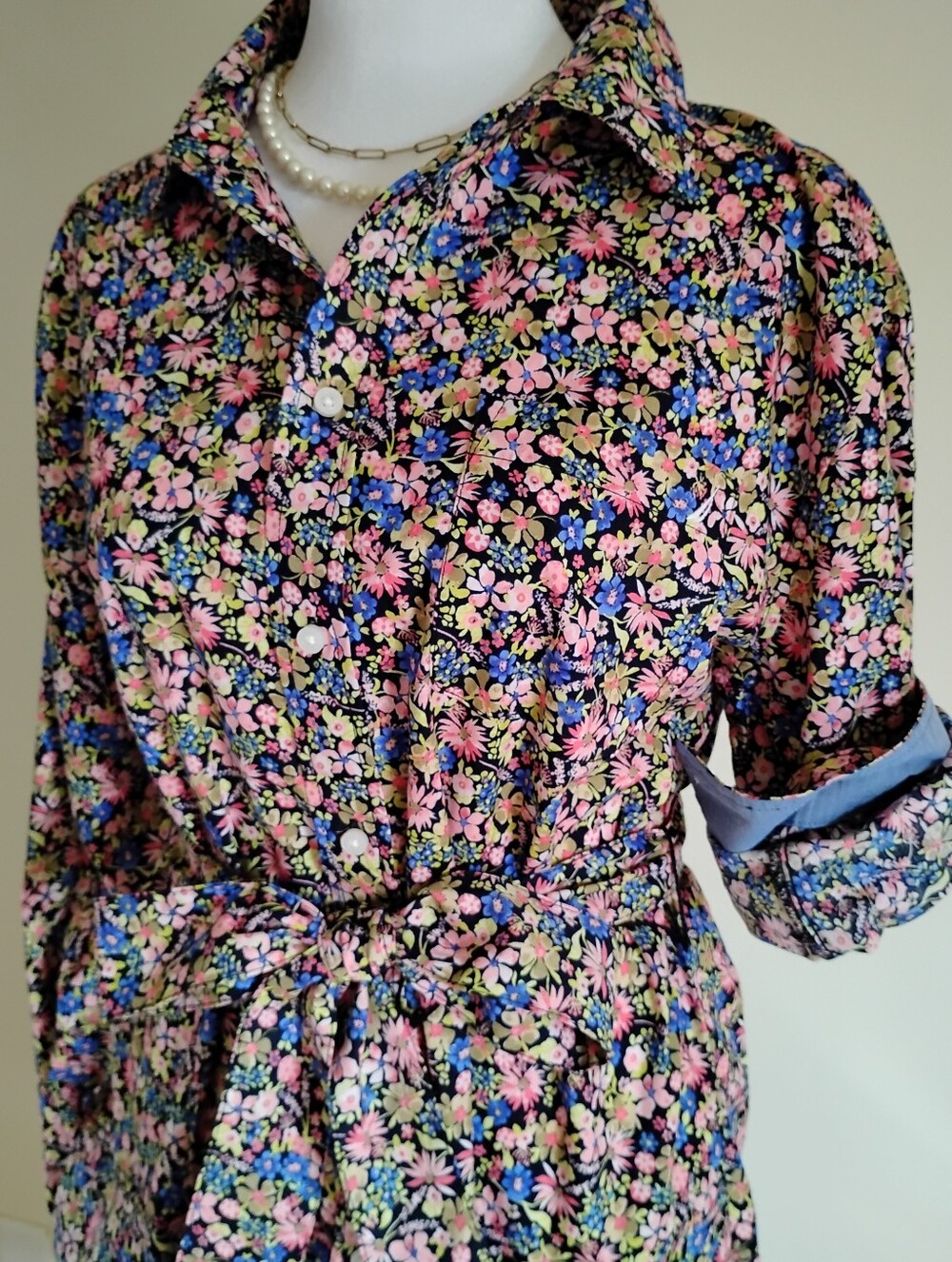 Nautica Jeans Cotton Floral Shirt Dress Classic Preppy Colorful Feminine Size M